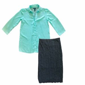 Mint Blouse and Lace Pencil Skirt Bundle